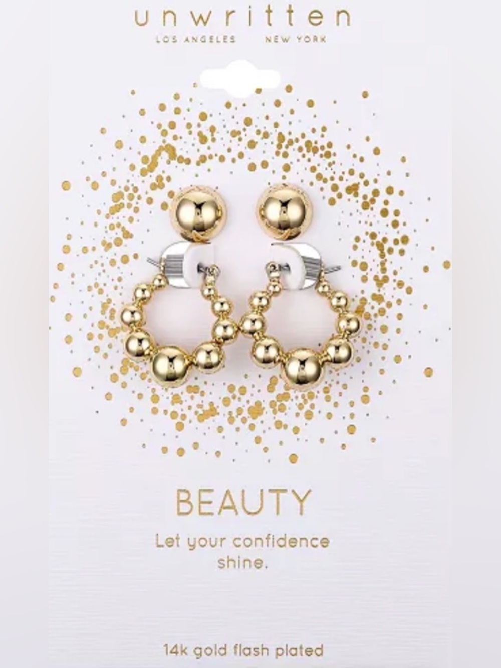 NWT Unwritten 14K Gold Flash Plated Puff Round Stud & Ball Hoop Earring Set